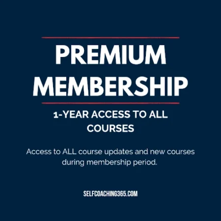 Text image: Premium Membership — Selfcoaching365.com, 1-year access to all courses. Access to all course updates and new courses during membership period.